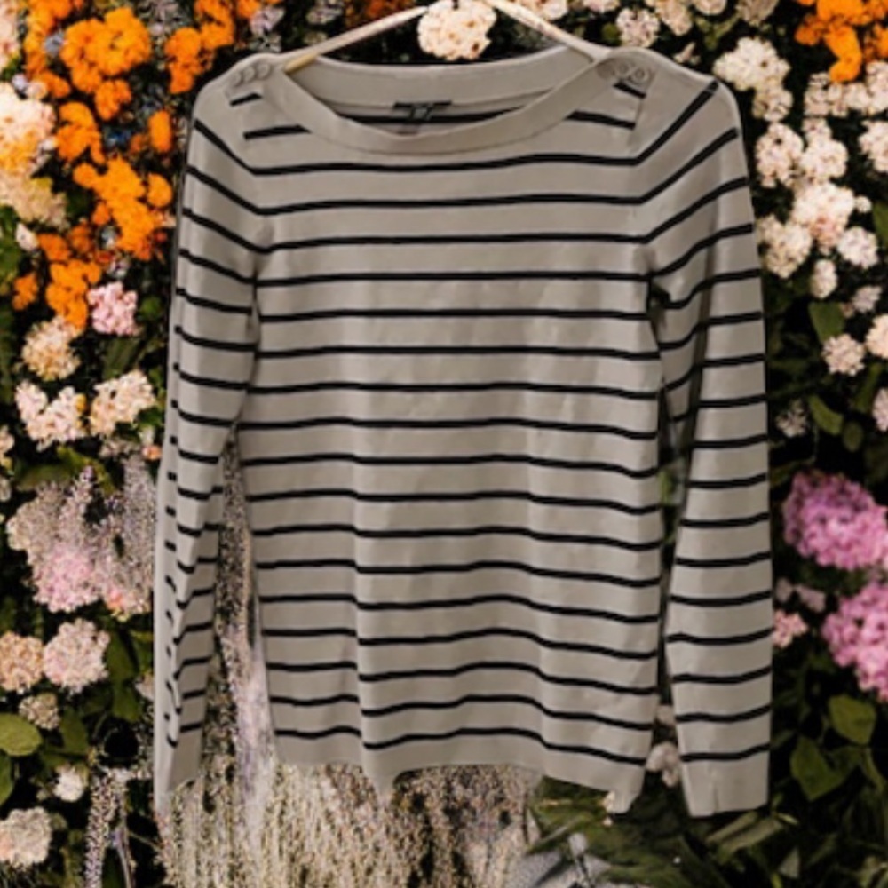JACOB Grey/Black Stripe Knit Sweater -Boatneck-Button at neck detail -SzM-EUC🍂 - Picture 6 of 11